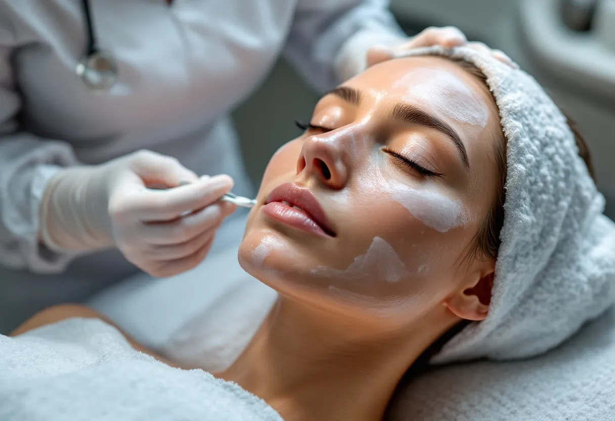 Close-up van een vrouw met een egale, stralende huid die rustig in een moderne behandelstoel ligt, terwijl een behandelaar in een witte jas een zachte peeling aanbrengt in een heldere kliniek in Gent.