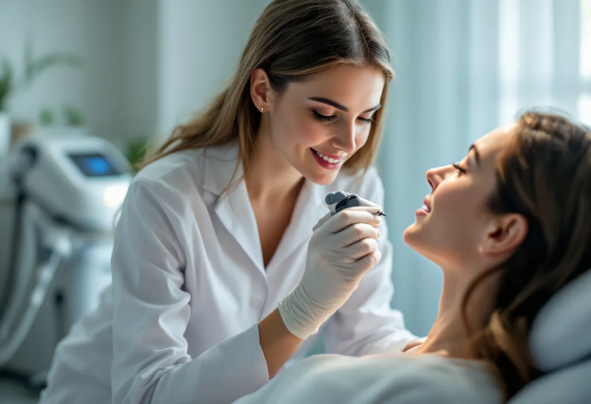 Een vrouwelijke dermatoloog in een witte jas bekijkt met een dermatoscoop de huid van een patiënte in een lichte, moderne kliniek in Gent, terwijl op de achtergrond een laserapparaat staat.