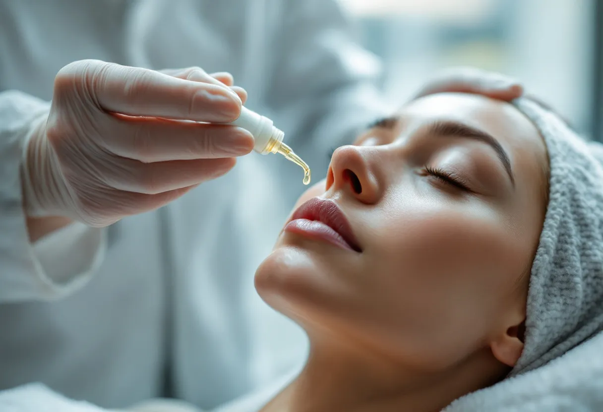 Een close-up van een hand die een druppel helder serum aanbrengt op een stralende, egale huid, met op de achtergrond de vage contouren van een moderne kliniek in Gent.