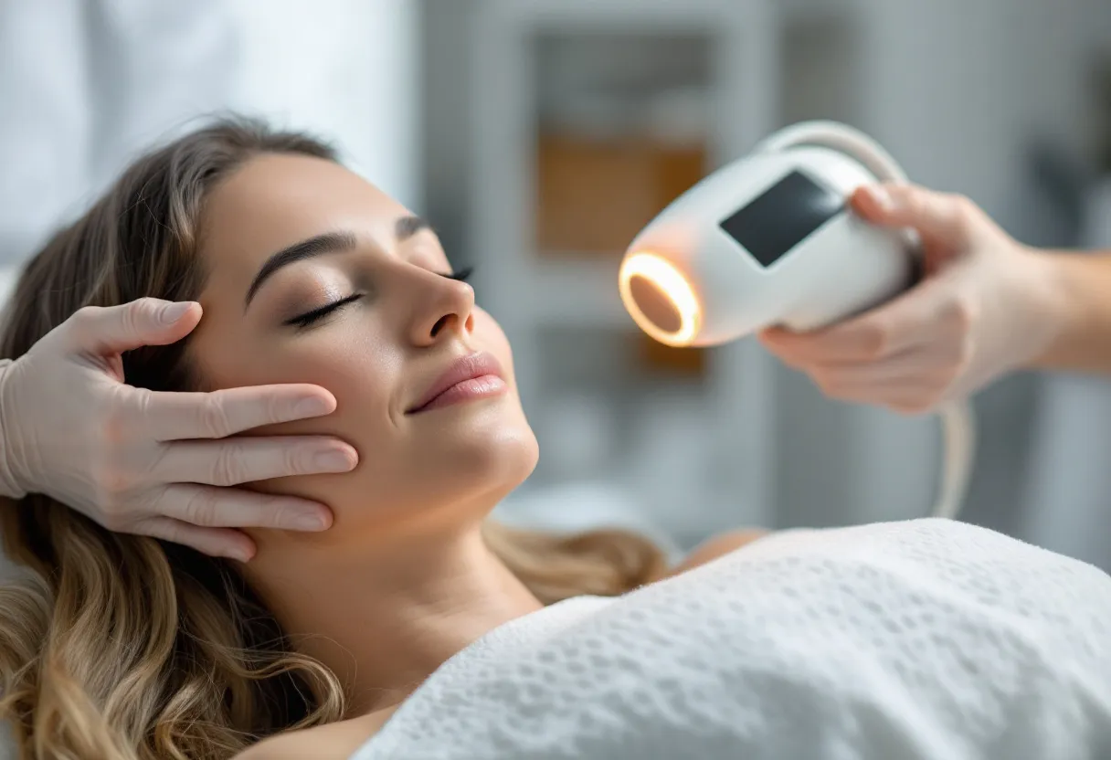 Een close-up van een ontspannen vrouwengezicht met een gezonde gloed, terwijl een huidtherapeute met een wit apparaatje een huidscan uitvoert in een lichte, minimalistische kliniekruimte met zicht op Gentse gevels door het raam.