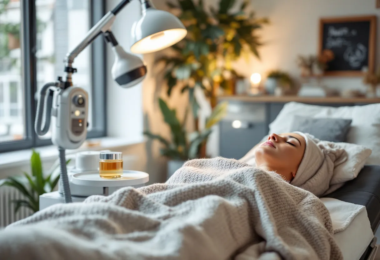 Een uitnodigende behandelkamer in een huidkliniek te Gent, met zacht daglicht dat op een modern laserapparaat valt en een potje serum op een rustiek houten bijzettafeltje, terwijl een glimlachende cliënt ontspannen op een comfortabele behandeltafel ligt.