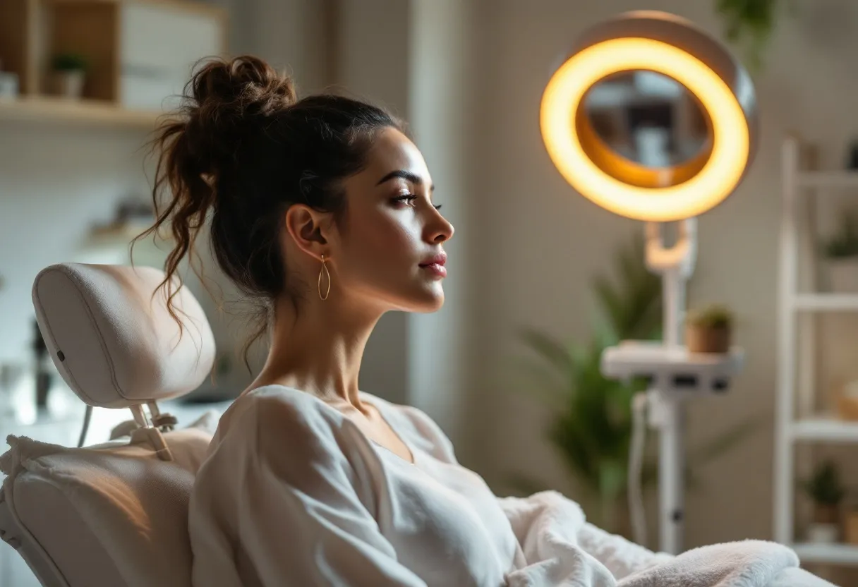 Een serene behandelkamer in een moderne Gentse huidkliniek, met een gouden ringlicht en een zacht huidanalyse-apparaat dat klaarstaat om een vrouwelijke cliënt met een glimlach te verwelkomen
