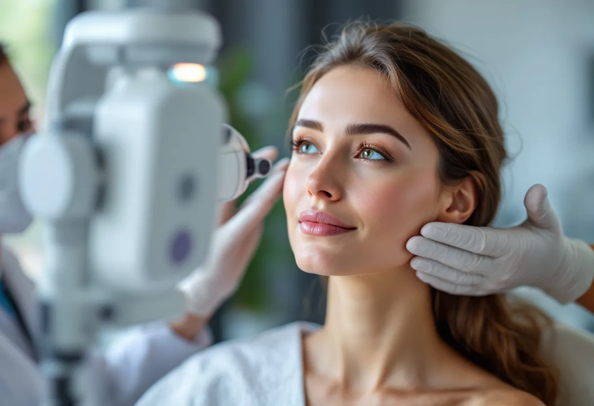 Een vrouw met een stralende huid ondergaat een professionele huidanalyse in een heldere Gentse kliniek, terwijl een specialist met een apparaat haar huid scant.