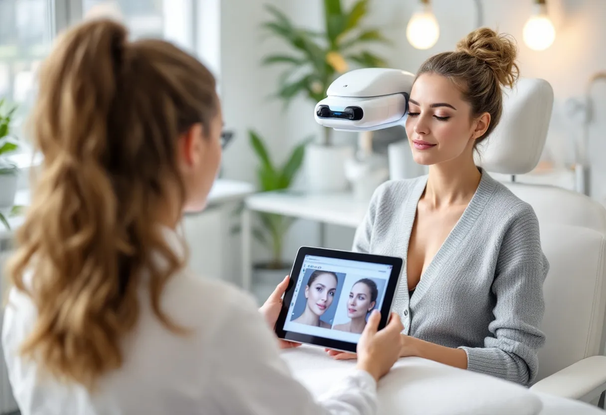 Een vrouw in een lichte, moderne huidkliniek in Gent ondergaat een diepgaande huidanalyse met een speciale scanner, terwijl een huidspecialist de resultaten rustig uitlegt op een tablet.