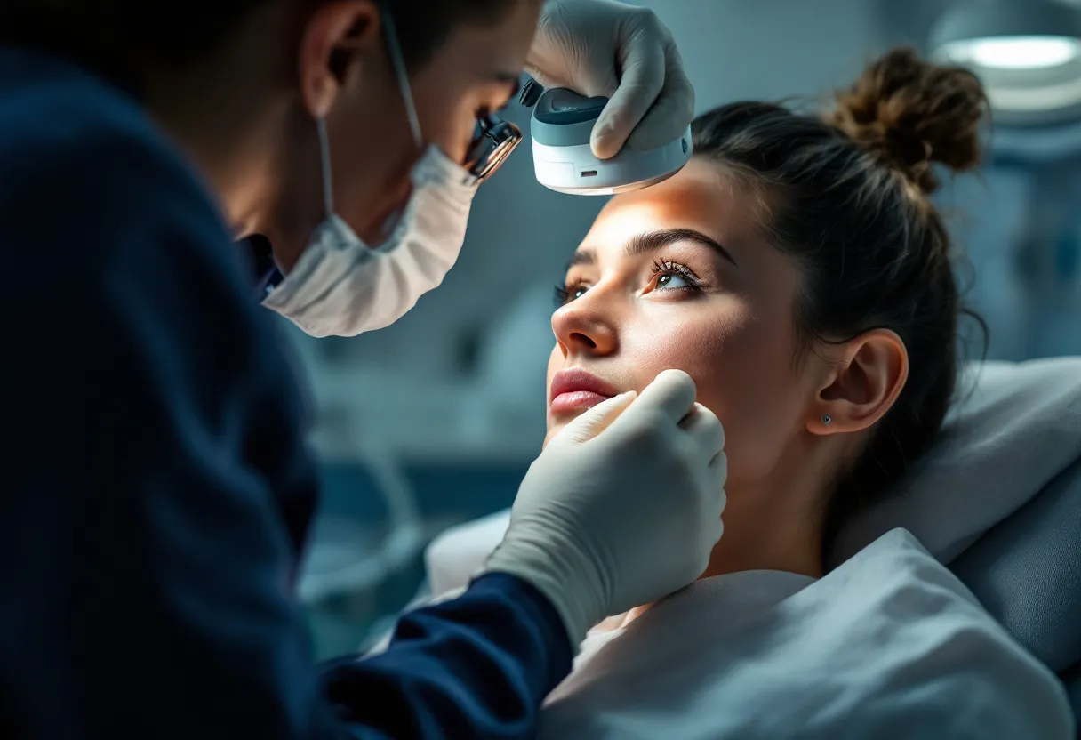 Een close-up van een huidtherapeut in een kliniek in Gent die met een loep een cliënt onderzoekt op mee-eters, met zachte verlichting en steriele instrumenten op de achtergrond