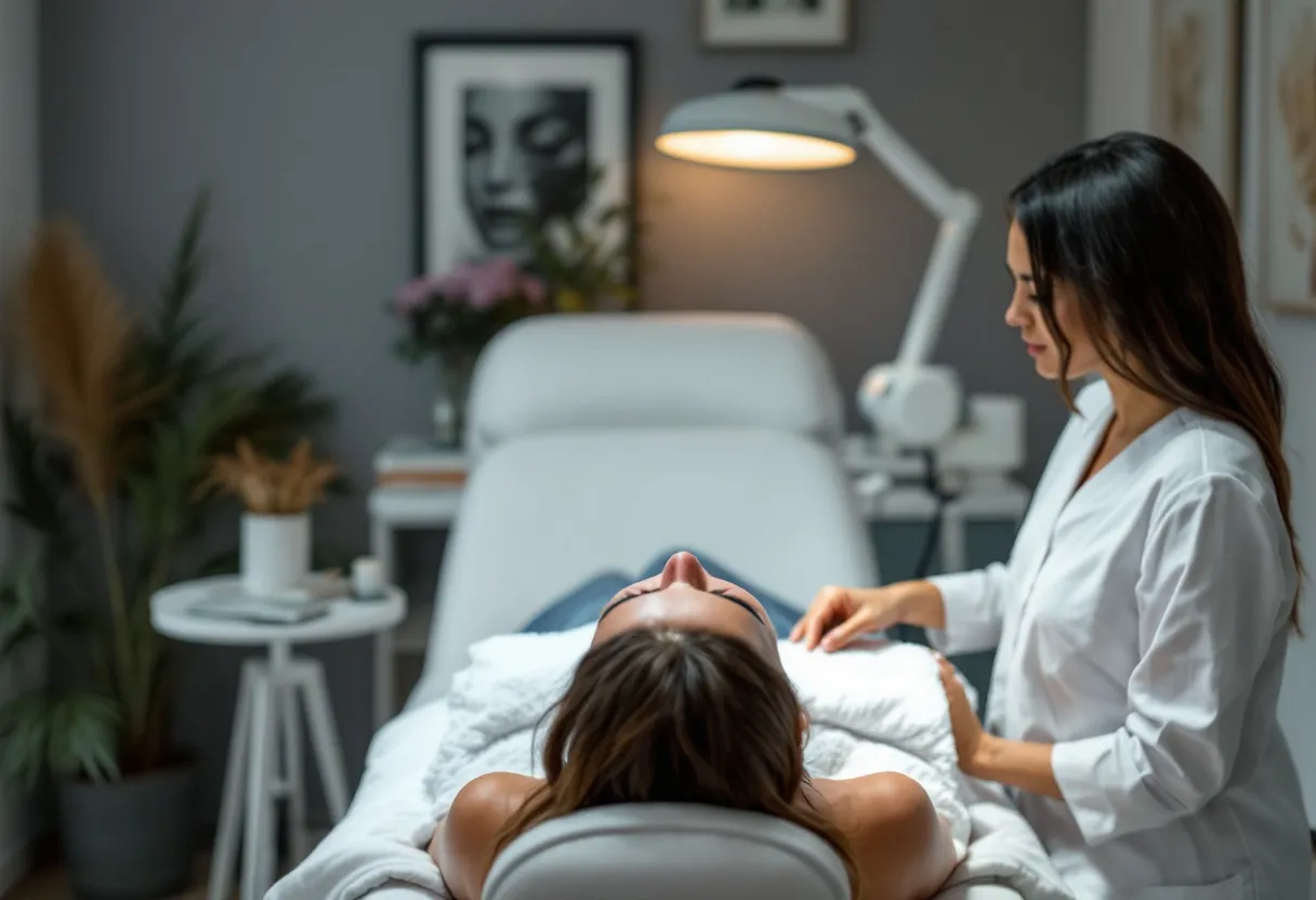 Een serene behandelkamer in een moderne huidkliniek in Gent, waar een vrouw met een stralende huid op een behandeltafel ligt terwijl een specialist met witte jas een huidanalyse uitvoert met geavanceerde apparatuur, omgeven door zachte verlichting en rustgevende kleuren.