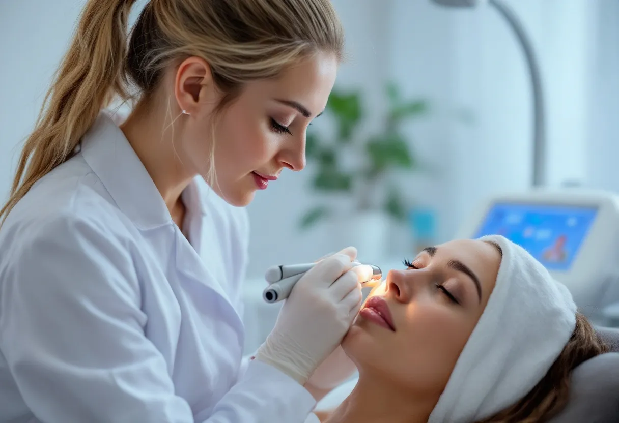 Een lichte behandelkamer in een Gentse huidkliniek waar een dermatoloog met een dermatoscoop de huid van een cliënt onderzoekt, terwijl op de achtergrond een modern laserapparaat discreet klaarstaat.